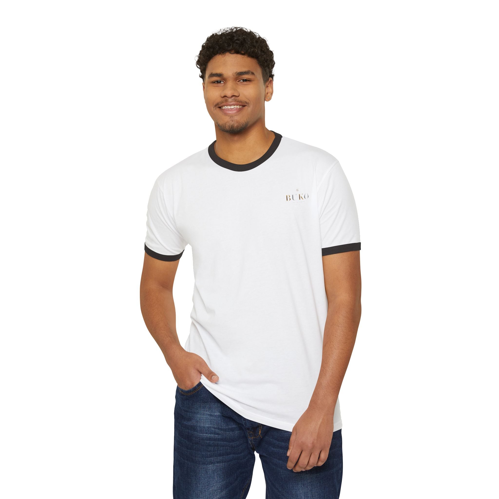 Retro Ringer T-Shirt — Minimal 'Hi, Bye' Pocket Graphic