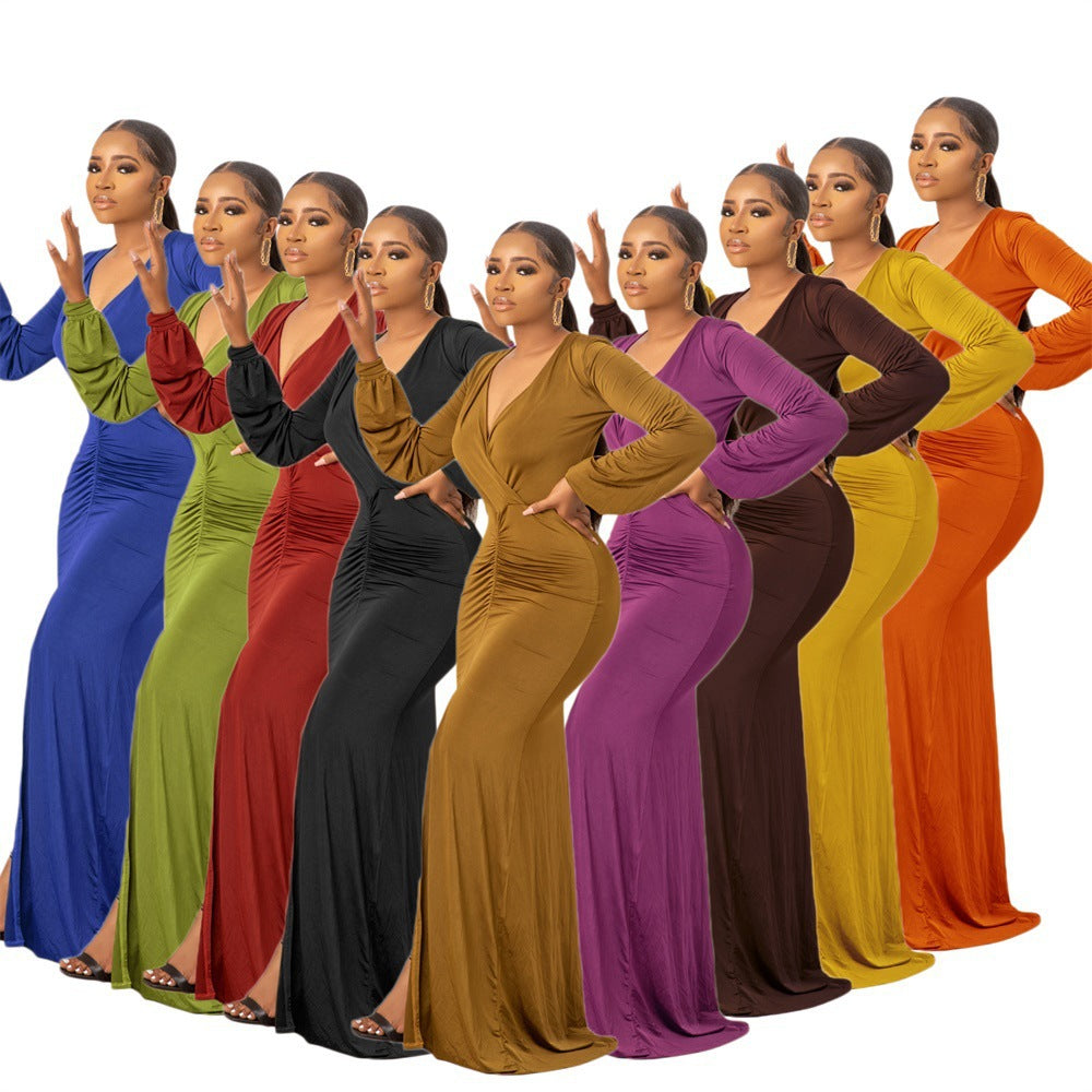 2022 Summer Europe and America Cross-border Amazon Casual Long Sleeve Solid Color Women's Dress Long Dress