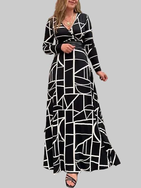 casual dress lady gown with geometric color block lace dress