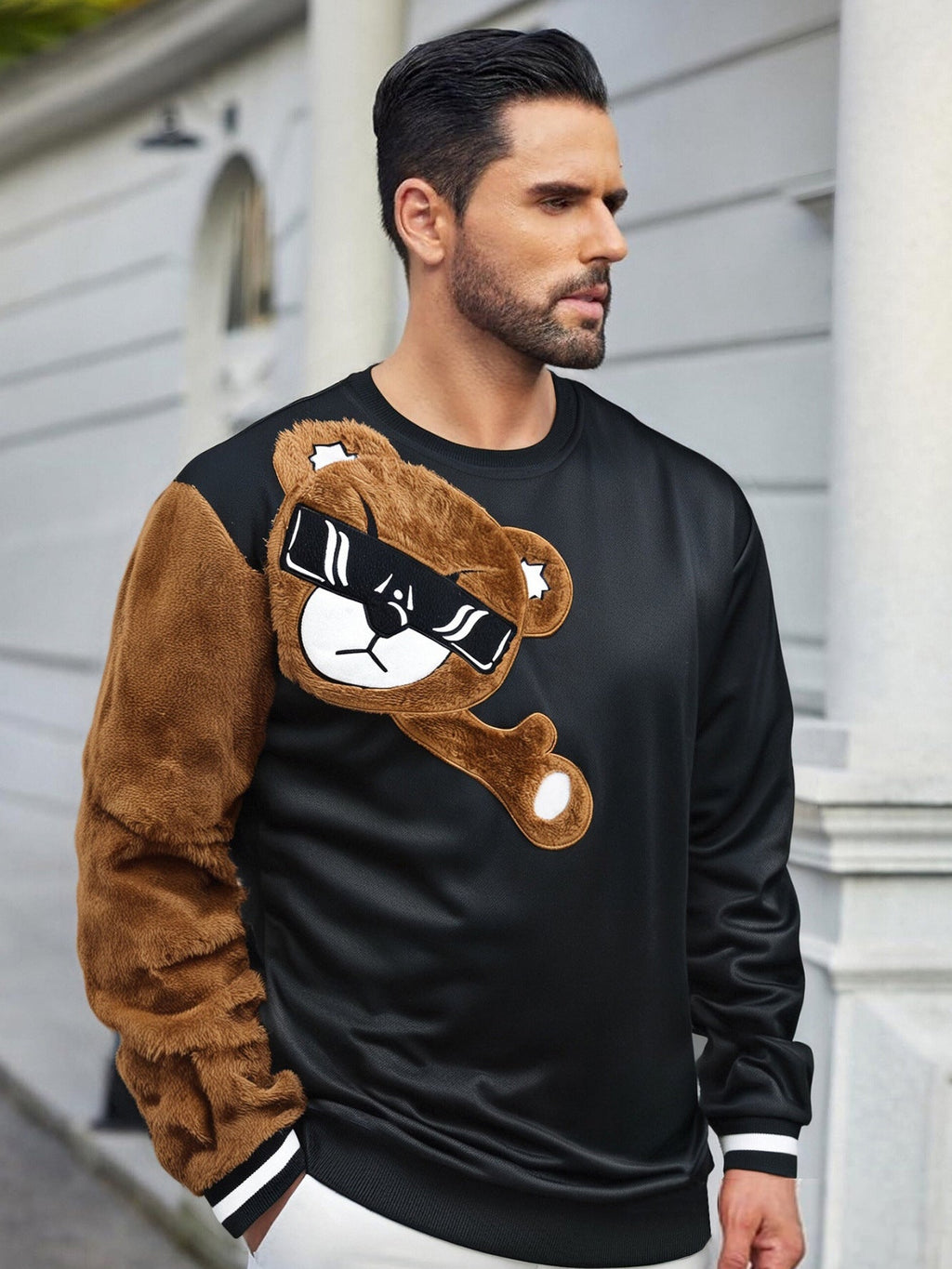 [Cross-Border Exclusive] Teddy Bear Embroidered Round Neck Sweatshirt for Men, European and American Hot Style.