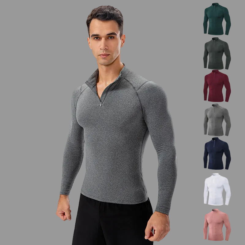 Men's Autumn and Winter Fleece-lined Fitness Clothes High-elastic Tight-fitting Sports Basketball Running Training Long-sleeved Half-zipper Collar Sweater