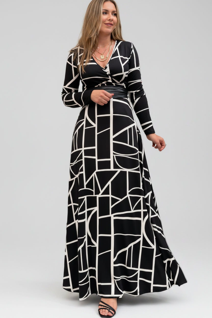 casual dress lady gown with geometric color block lace dress