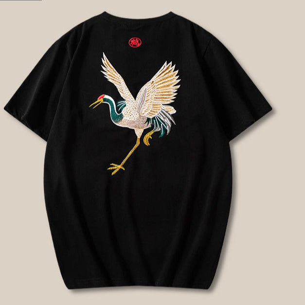 Short-Sleeved Men's T-Shirt, Summer Chinese Style Embroidery, Round Neck, Loose Fit, Couple's Half-Sleeve T-Shirt, One-Piece Wholesale, National Trend