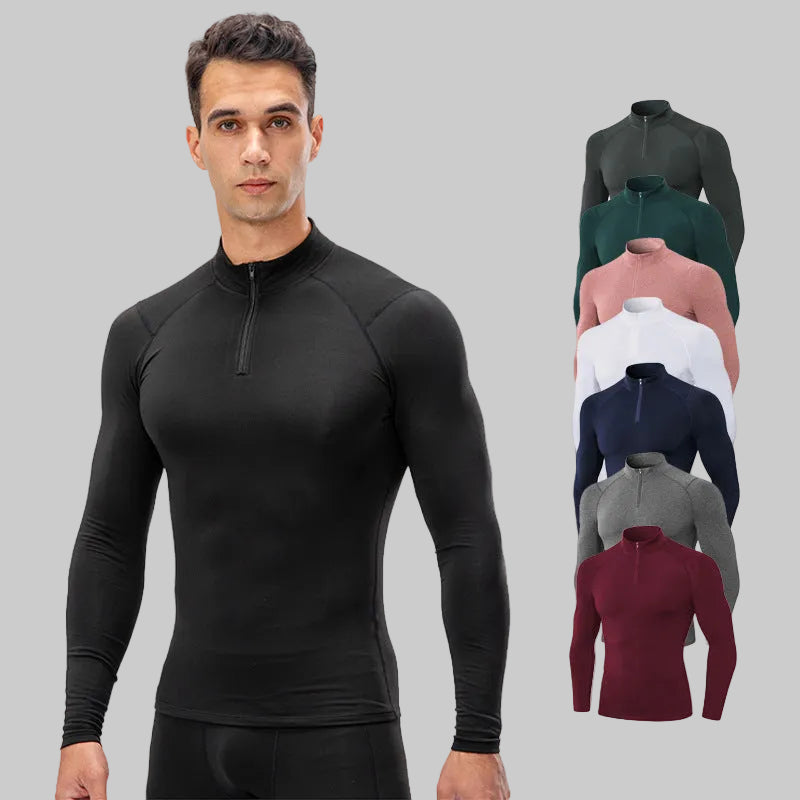 Men's Autumn and Winter Fleece-lined Fitness Clothes High-elastic Tight-fitting Sports Basketball Running Training Long-sleeved Half-zipper Collar Sweater