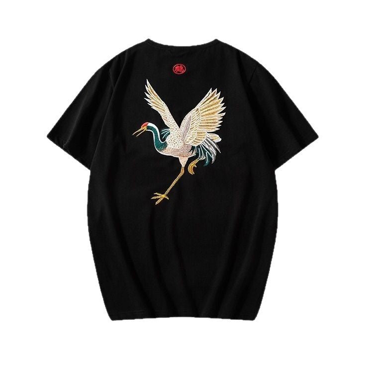 Short-Sleeved Men's T-Shirt, Summer Chinese Style Embroidery, Round Neck, Loose Fit, Couple's Half-Sleeve T-Shirt, One-Piece Wholesale, National Trend