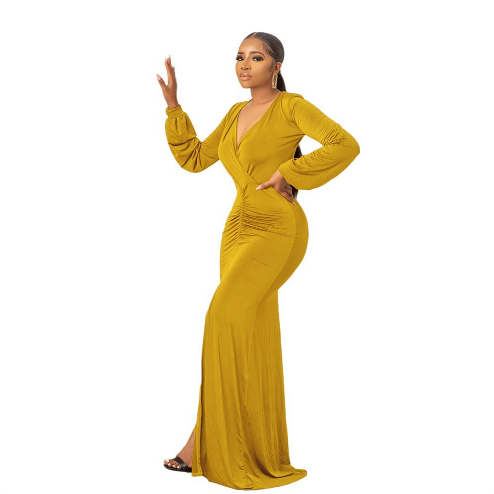 2022 Summer Europe and America Cross-border Amazon Casual Long Sleeve Solid Color Women's Dress Long Dress